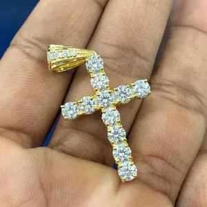 Valentine Gift <b>Solid</b> 14K Yellow <b>Gold</b> Moissanite Cross <b>Pendant</b> 1.35 CT Round Cut - Product Image 1
