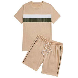 <b>Knitted</b> 100% Cotton Men's T-Shirt <b>Sets</b> Wholesale Breathable Summer Men's Shorts <b>Set</b> Custom Digital Printed Striped Streetwear - Product Image 4