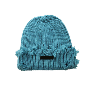 Distressed beanie jacquard knitted hat soft stretch fabric <b>winter</b> <b>cap</b> textured pattern casual streetwear unisex style and sale - Product Image 1