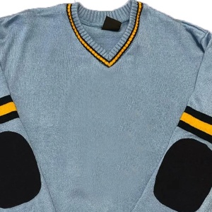 Cárdigan de punto azul para mujer de Wide Greek House Sorority OEM, con cuello en V de contraste amarillo, manga larga, estilo casual y botones frontales. - Product Image 2