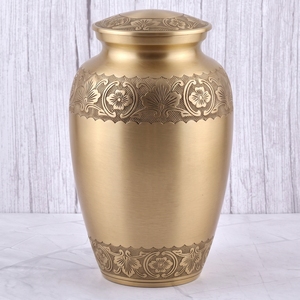 Urna Funeraria de Latón Dorado para Adultos con Diseño Floral y Acabado Cepillado para Guardar Cenizas Humanas, Urna Conmemorativa Funeraria - Product Image 1
