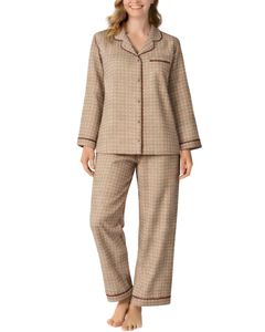 Ensemble de pyjama pour femmes en beige et marron à carreaux, manches longues, boutonné, vêtements de nuit en coton doux, ensemble de deux pièces, ensemble confortable pour se détendre - Product Image 1