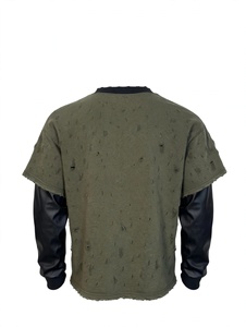 Custom Distressed Olive Green Rhinestone Cross Oversized Graphic Tee Two Piece Long Leather Sleeves Vintage Washed <b>Y2K</b> Heavy - Product Image 3
