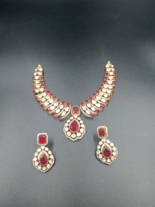 Women's <b>Silver</b> Gold Plated Red Doublet Flower Design <b>Necklace</b> and Earring <b>Set</b> Classic Wedding Jewelry - Product Image 1