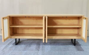 Mahogany Wood & Rattan <b>TV</b> Cabinet 4-Door Storage with Metal Leg for Living Room - Product Image 4