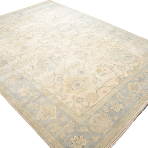 Tapis Oushak en laine noué à la main, motif floral médaillon doux ivoire et bleu pastel, à poils ras, effet vintage, pour salon - Product Image 5