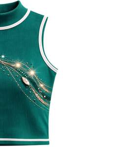 Débardeur côtelé vert émeraude personnalisé pour femme avec rayures en strass, sans manches, été, fabrication sur mesure - Product Image 5