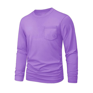 T-shirt en coton uni pour homme, décontracté, col rond, manches longues, nouveau t-shirt à manches longues pour homme avec poche - Product Image 4