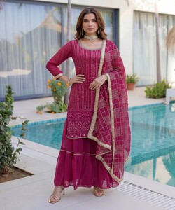 FANCY GEORGETTE EMBROIDERY SEQUENCE ZARI WORK <b>TOP</b> SHARARA WITH DUPATTA <b>FESTIVE</b> WEAR WHOLESALE PRICE ETHNIC GARMENT PINK - Product Image 1