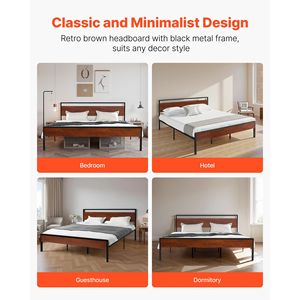 Cadre de lit plateforme en métal noir de 14 pouces, tête de lit et pied de lit en bois brun rétro, grand lit king size avec rangement sous le lit, lits en métal rétro - Product Image 6