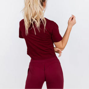 Women's <b>Burgundy</b> <b>Cropped</b> T-Shirt Short Sleeve Solid Color Breathable 100% Cotton Summer <b>Top</b> - Product Image 3