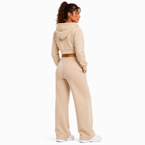 High Quality <b>Women</b> <b>Short</b> Crop Hoodie Zip Front Wide Leg Sweatpants Soft Fleece Two Piece Suit Solid Color Custom Tracksuit <b>Set</b> - Product Image 4
