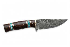 Couteau utilitaire artisanal en acier Damas avec incrustation turquoise et manche en bois foncé – Outil spécialisé - Product Image 2