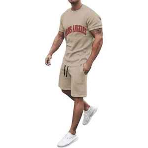 Ensemble T-shirt et short pour homme, imprimé Los Angeles, kaki, décontracté, été, respirant, tricoté, deux pièces, fabricant OEM - Product Image 1