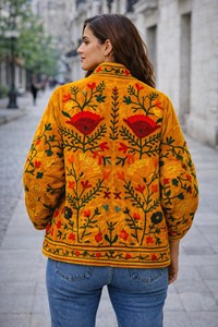 Handcrafted Mustard Velvet <b>Quilted</b> Jacket Kashmiri Floral Crewel Embroidery Bohemian Winter Coat Festival Wear Breathable - Product Image 3
