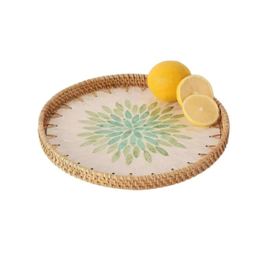 Plateau rond en rotin et nacre fait main, panier de rangement de cuisine en rotin, plateau durable en nacre - Product Image 4