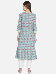 Ensemble Kurti vintage en coton à imprimé floral pour femme, col en V, manches trois quarts, robe longue trapèze avec broderie en dentelle - Product Image 4