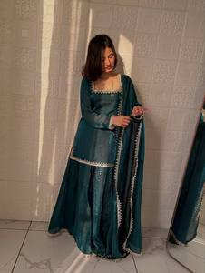 Ensemble Salwar Kameez en soie turquoise avec broderie miroir et dupatta, tenue traditionnelle indienne et pakistanaise pour femmes, idéal pour mariage, remise de diplôme, soirée, taille XL - Product Image 3