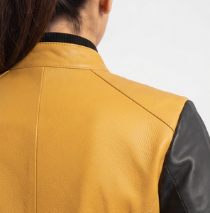 Chaqueta de cuero de oveja auténtica para mujer, estilo motero, con cuello vuelto y cremallera, estilo vintage. - Product Image 3