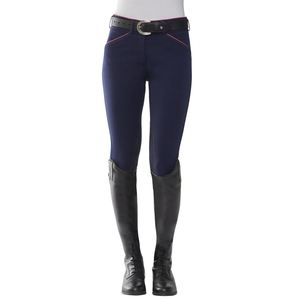 ALEXANDRIA INDUSTRIES Jodhpurs d'équitation pour femme, taille haute, coupe ajustée, en polyester respirant bleu marine, avec coutures rouges et genouillères - Product Image 1