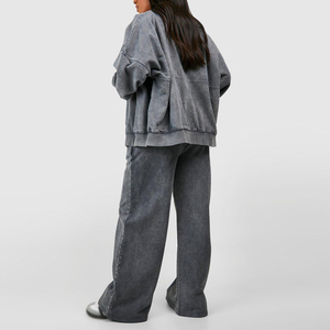 Ensemble de survêtement 2 pièces pour femme en tissu éponge gris, coupe classique, fermeture éclair intégrale, tenue décontractée et sportive, ensemble assorti pour l'hiver, 100% coton - Product Image 2