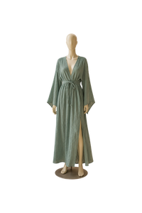 Elegante Vestido Maxi de Algodón Arrugado con Mangas Kimono, Escote Pronunciado en V, Espalda Abierta, Estilo Resort, Vestido de Verano Fluido para Playa - Product Image 1