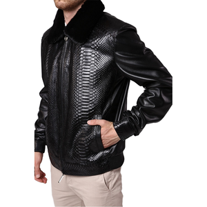 Blouson en cuir de python et cuir de vachette véritable sur mesure pour homme, style motard, hiver, respirant, service OEM, col montant, logo avant, échantillon - Product Image 5
