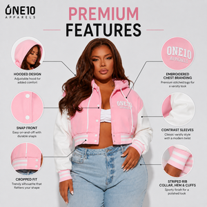 Blouson Teddy Femme Grande Taille Rose et Blanc à Capuche, Manches Longues, Fermeture Boutonnée, Manches Bouffantes, Bordures Côtelées, Imprimé, Respirant - Product Image 4