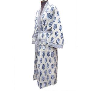 Kimono japonais de haute qualité 100% coton, vêtements d'été colorés pour femmes, imprimé feuilles bleues, col en V, manches longues, fermeture à ceinture, longueur intégrale - Product Image 2