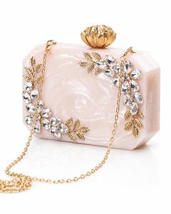 Bolso de Mano Tipo Clutch Hecho a Mano con Resina Rosa Ecológica, Cadena de Hojas de Cristal, Bolso de Noche con Pedrería para Mujer - Product Image 1