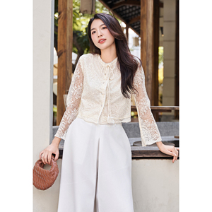 Blusas Transpirables de Encaje Floral Crema para Mujer, Estilo Casual de Verano para Vacaciones, con Cuello de Lazo y Manga Larga, GALI - Product Image 2