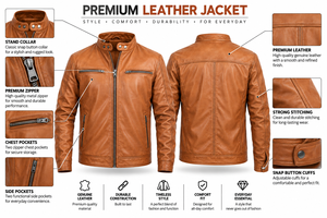 Chaqueta de Motociclista de Cuero Genuino Marrón para Hombre, Cuello Alto, Cierre de Cremallera, Corte Ajustado, para Otoño - Product Image 6