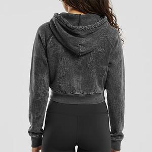 Conjunto de Sudadera con Capucha de 2 Piezas para Mujer, de Algodón y Felpa, con Cierre y Estilo Desgastado, Top Corto y Pantalones Deportivos - Product Image 2