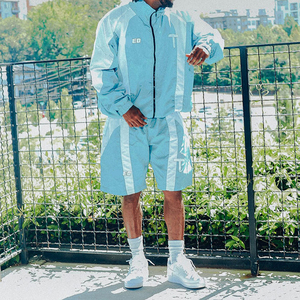 Ensemble de survêtement pour homme personnalisé, veste coupe-vent en polyester avec fermeture éclair et short de jogging, survêtement sportif léger en nylon patchwork - Product Image 5