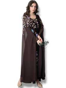 Elegant Brown Floral Embroidered Abaya Long Sleeve Floor Length Round Neck Women's Evening Party Wear Rayon Loose Fit - Product Image 1