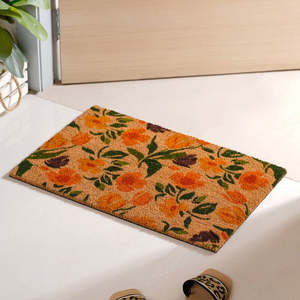Table Tufted Rug Tan Orange Floral <b>Vine</b> Design with Green <b>Leaves</b> and Brown Botanical Pattern - Product Image 1