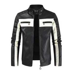 Men's Genuine Leather Breathable Biker Style <b>Slim</b> <b>Fit</b> <b>Jacket</b> Color Blocking Turn-down Zipper Closure Casual Regular Length - Product Image 1