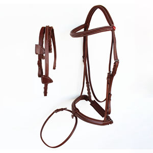 Bridon en cuir pour cheval avec ajustement réglable, collier équestre marron avec design cousu - Product Image 1