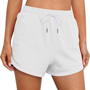 Shorts taille haute pour femmes avec cordon de serrage, couleur unie, en coton tricoté, décontractés, coupe régulière, avec poches, style vintage, respirants, noir, beige - Product Image 2