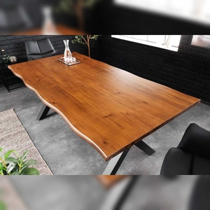 Vandana Rustic Layer dining <b>table</b> GENESIS 160cm <b>brown</b> acacia wood black X-frame tree edge - Product Image 3