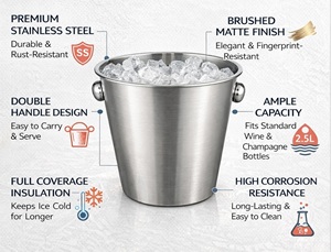 Premium Stainless Steel Wine Ice Bucket | Double Handle Beverage Chiller 2.5L Bar Party Champagne <b>Cooler</b> Bucket Silver Finish - Product Image 2