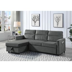 Ivy 81.5\" Dark Gray Velvet Reversible <b>Sleeper</b> Sectional <b>Sofa</b> Features Storage Chaise and Side Pocket - Product Image 1