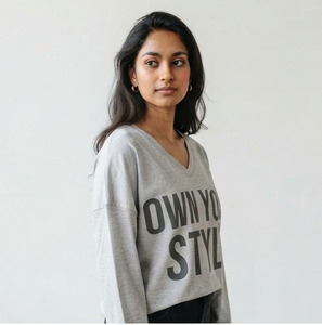 Women's <b>V</b>-<b>Neck</b> <b>Long</b> <b>Sleeve</b> Cotton T-Shirt With Letter Print Loose Fit Tee Casual Wear All Seasons Heavy weight Breathable <b>Top</b> - Product Image 3