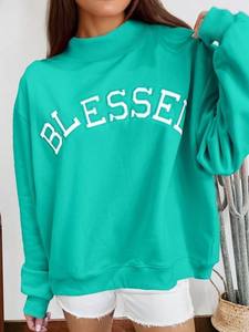 Sudadera de cuello alto para mujer, holgada, con hombros caídos, rosa, con estampado BLESSED, de forro polar - Product Image 2