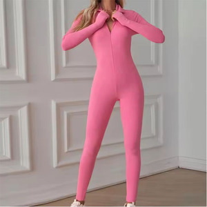 Combinaison longue en tricot rose pour femme, taille haute, fermeture éclair, coupe ajustée, couleur unie, tenue décontractée - Product Image 6