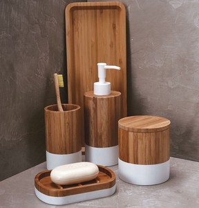 Ensemble d'organisateurs de salle de bain en bois rustique élégant, 5 pièces, fabrication artisanale de luxe, écologique, facile à nettoyer, accessoires pour comptoir, hôtel - Product Image 1