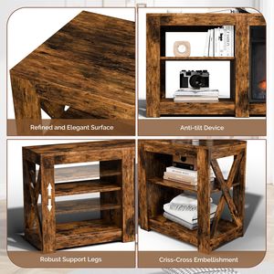 23-Inch Dual Sided Crossover <b>Design</b> Weathered Wood Fireplace <b>TV</b> Stand Embossed Particle Board Media Console MDF Wood Style 70" - Product Image 3