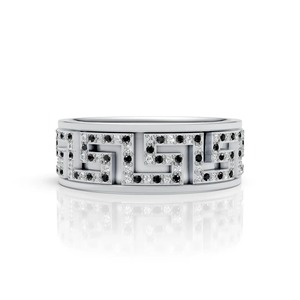 Black and White Diamond Moissanite Statement <b>Ring</b> in Silver Bold Men's Fine Jewelry Piece Featuring <b>Greek</b> Key Motif Gift - Product Image 1