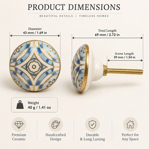 Poignée de tiroir décorative ronde en céramique bleue, blanche et dorée SHUBHAM, fabriquée à la main, pour meubles, armoires et commodes - Product Image 6