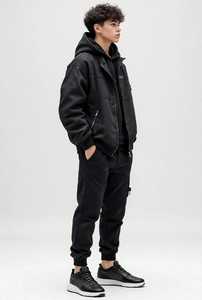 Ensemble de survêtement à capuche en coton noir pour garçons, coupe ample, style streetwear, veste zippée, pantalon cargo jogger, coupe-vent pour l'automne - Product Image 3